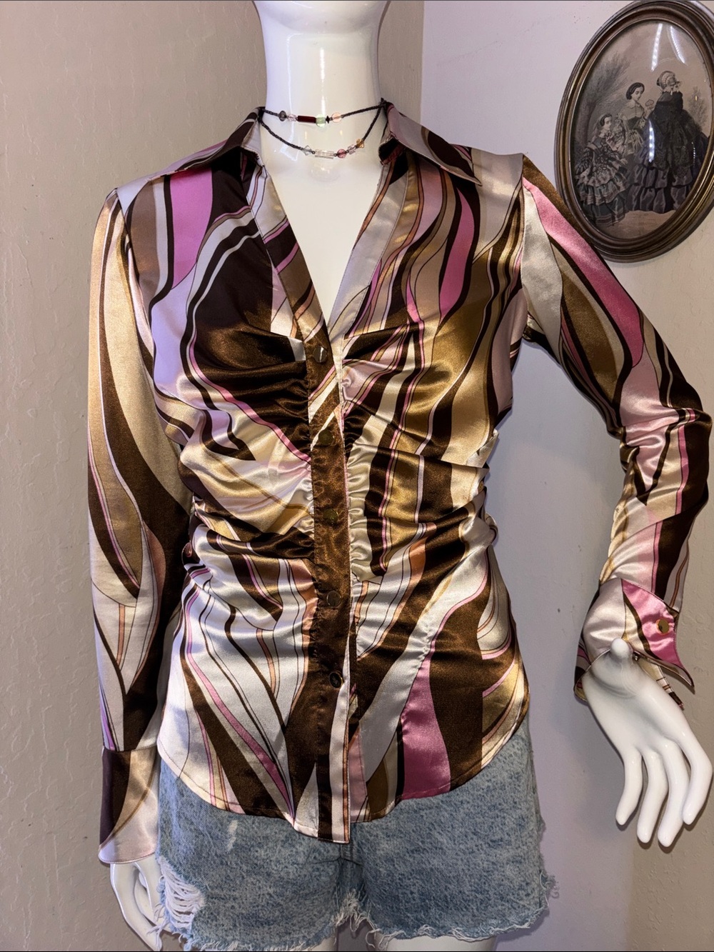 Cache Satin Ruched Button-Down Blouse in Brown, Pink & Cream